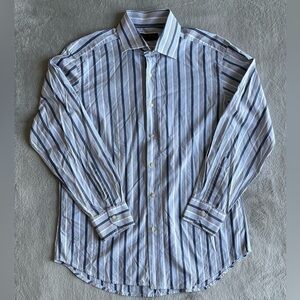Etro Striped Long Sleeve Button Front Shirt Blue White Size 42 16.5